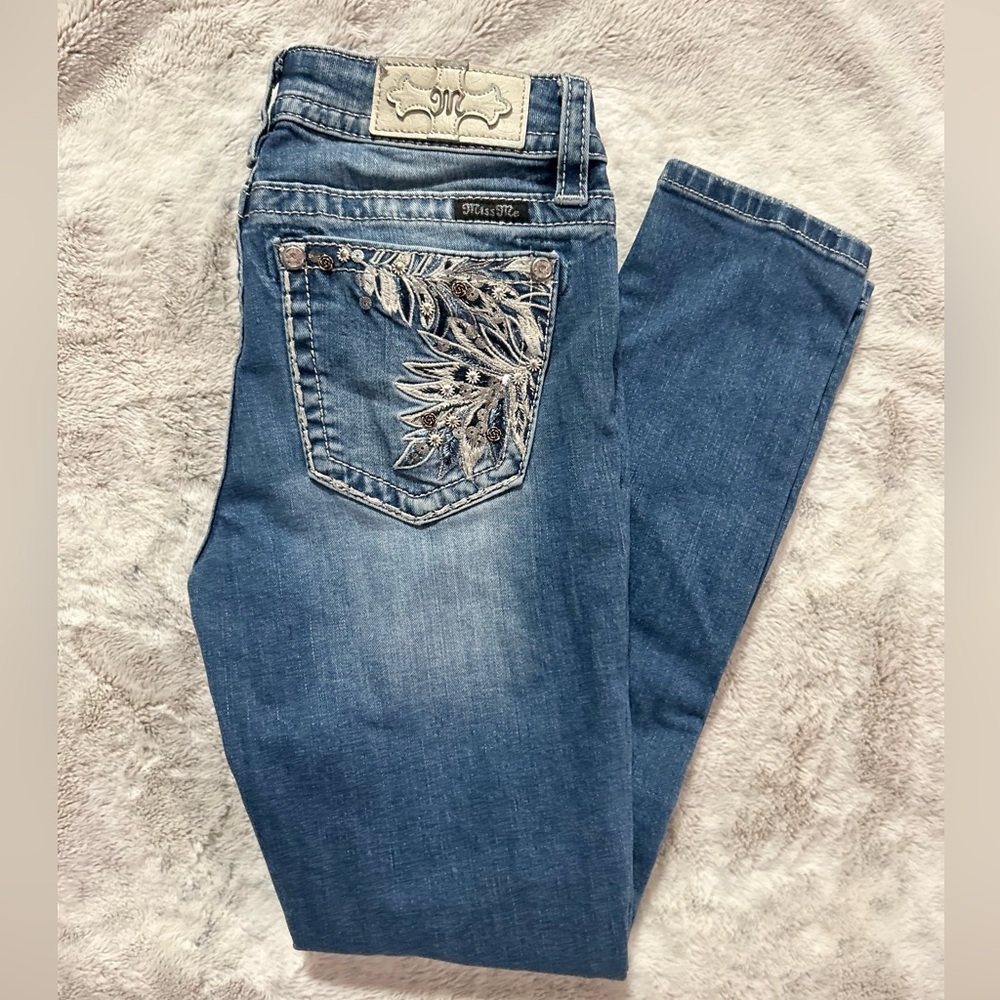 Miss Me Blue Skinny Jeans with Silver Embroidery
